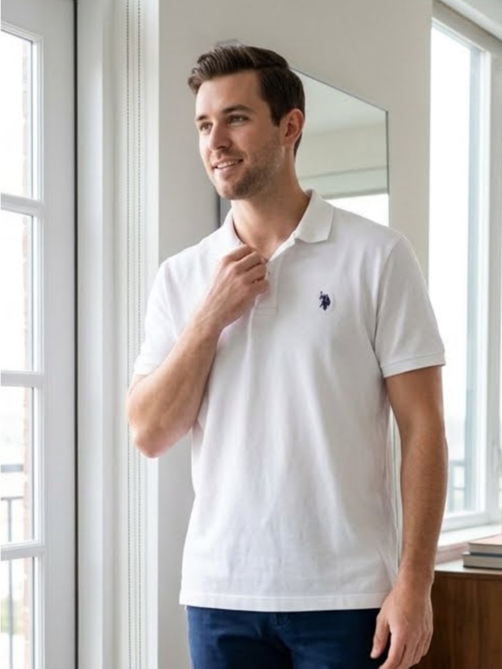 U.S. Polo Assn. White Polo with Navy Logo - Men's